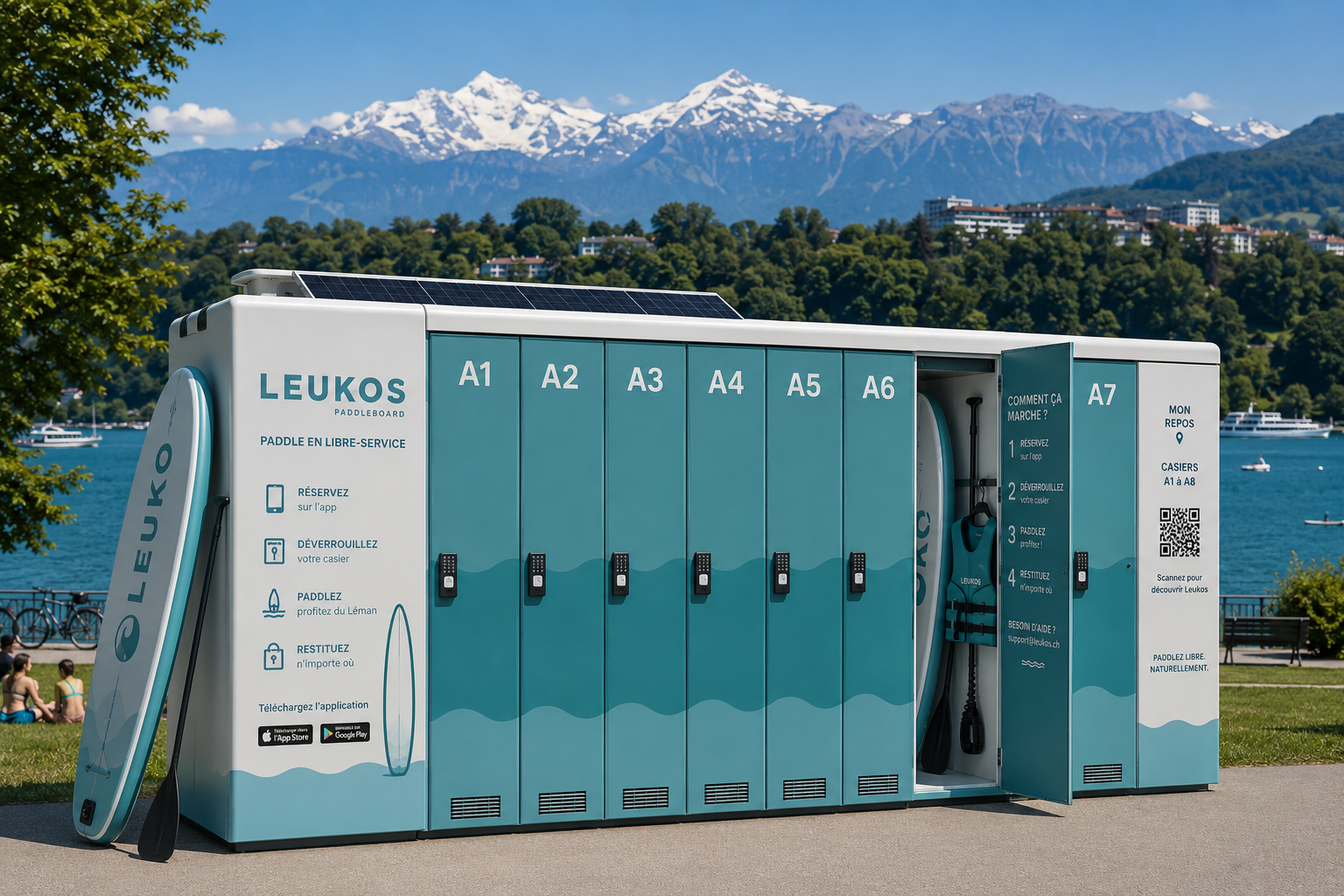 Station LEUKOS de paddles en libre-service à Mon Repos, au bord du lac Léman