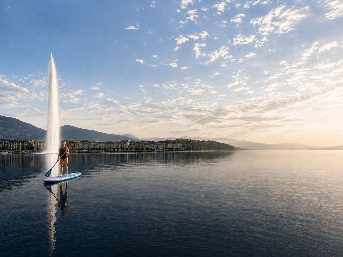 Une paddleuse LEUKOS devant le jet d'eau de Genève au crépuscule sur le lac Léman